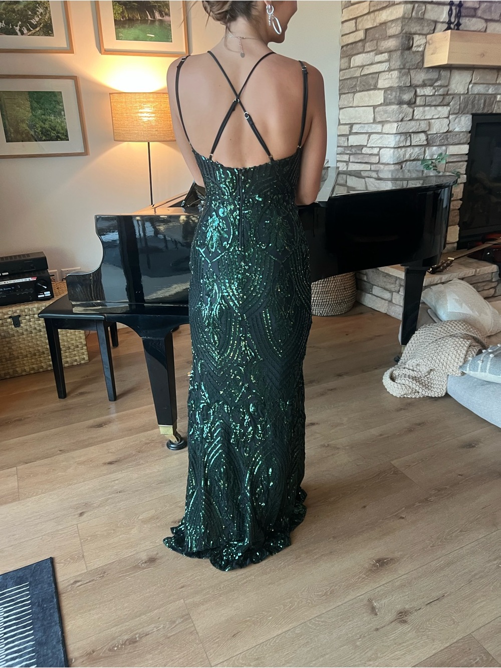 Emerald Green Sequin Strap Evening Gown with Thigh Slit - Picture 2 of 4